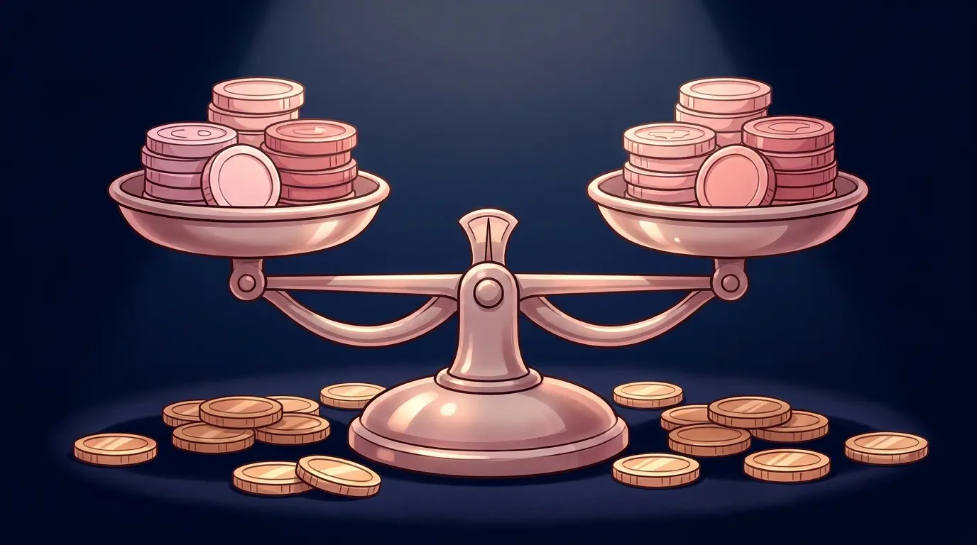 Balance scale with poker chips equally distributed on both sides