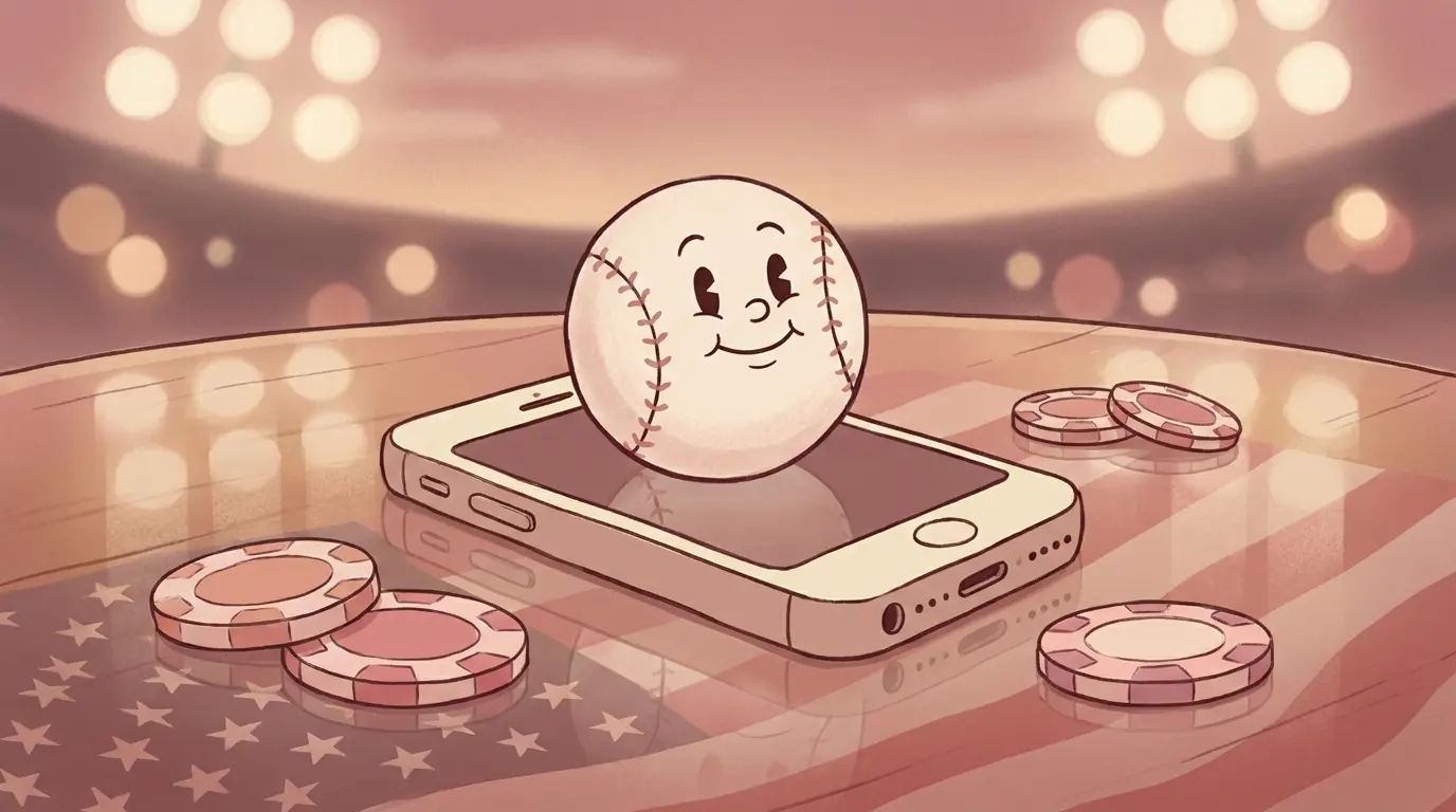 Baseball and betting chips on phone with stadium lights background
