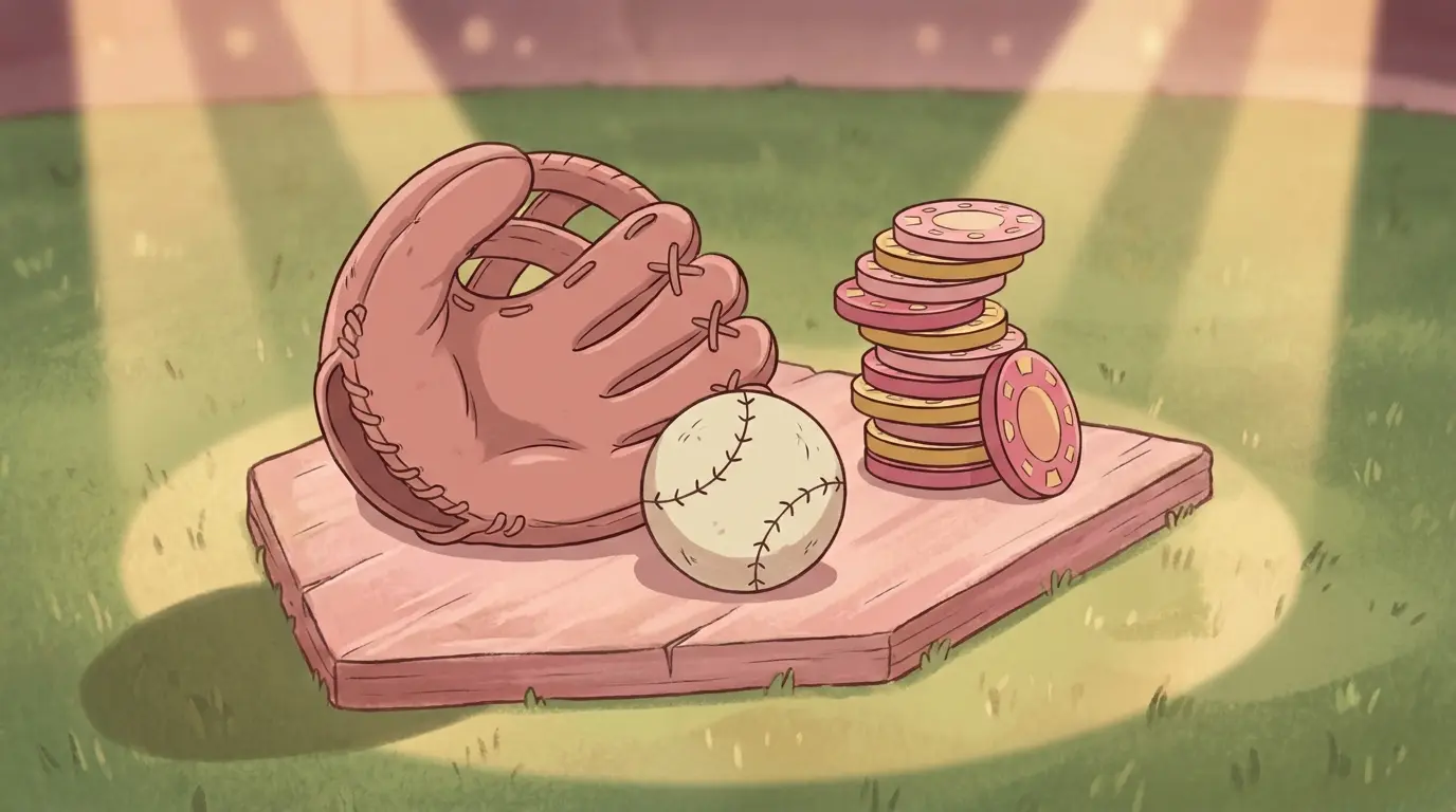 Baseball equipment with poker chips on home plate under stadium lights
