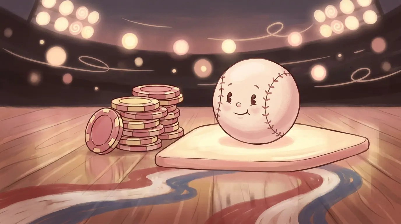 Baseball on home plate with betting chips and stadium atmosphere