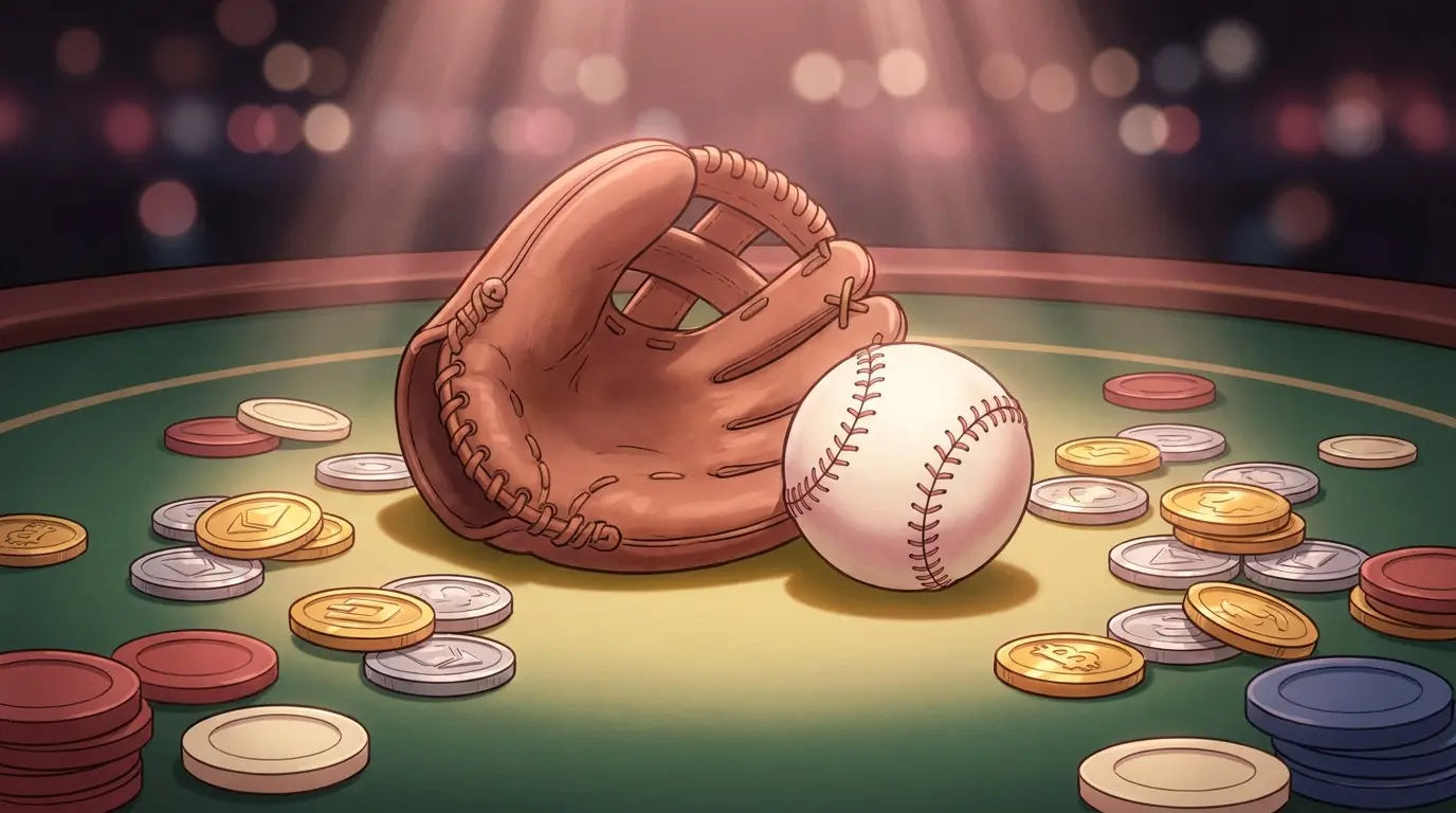 Baseball equipment with crypto coins and poker chips on casino felt
