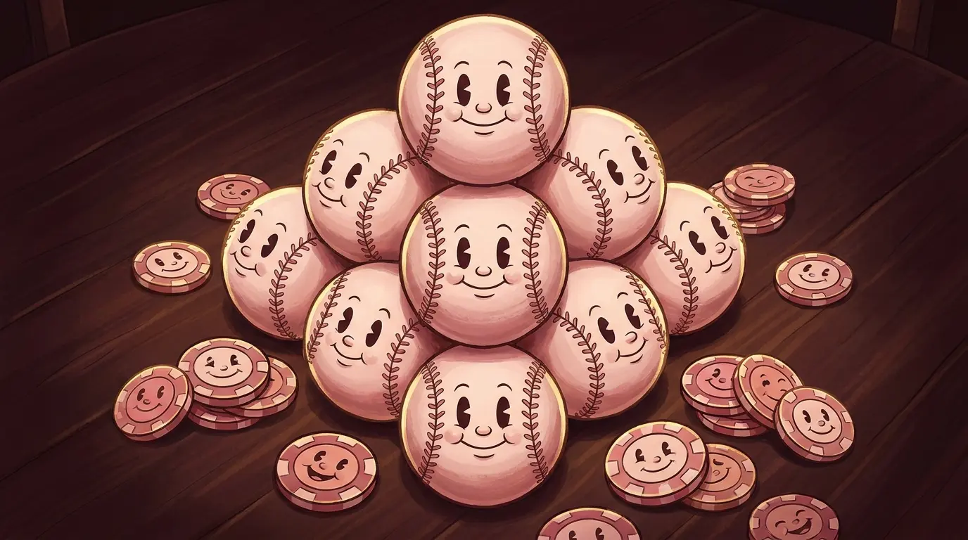Baseballs stacked with casino chips in dramatic lighting