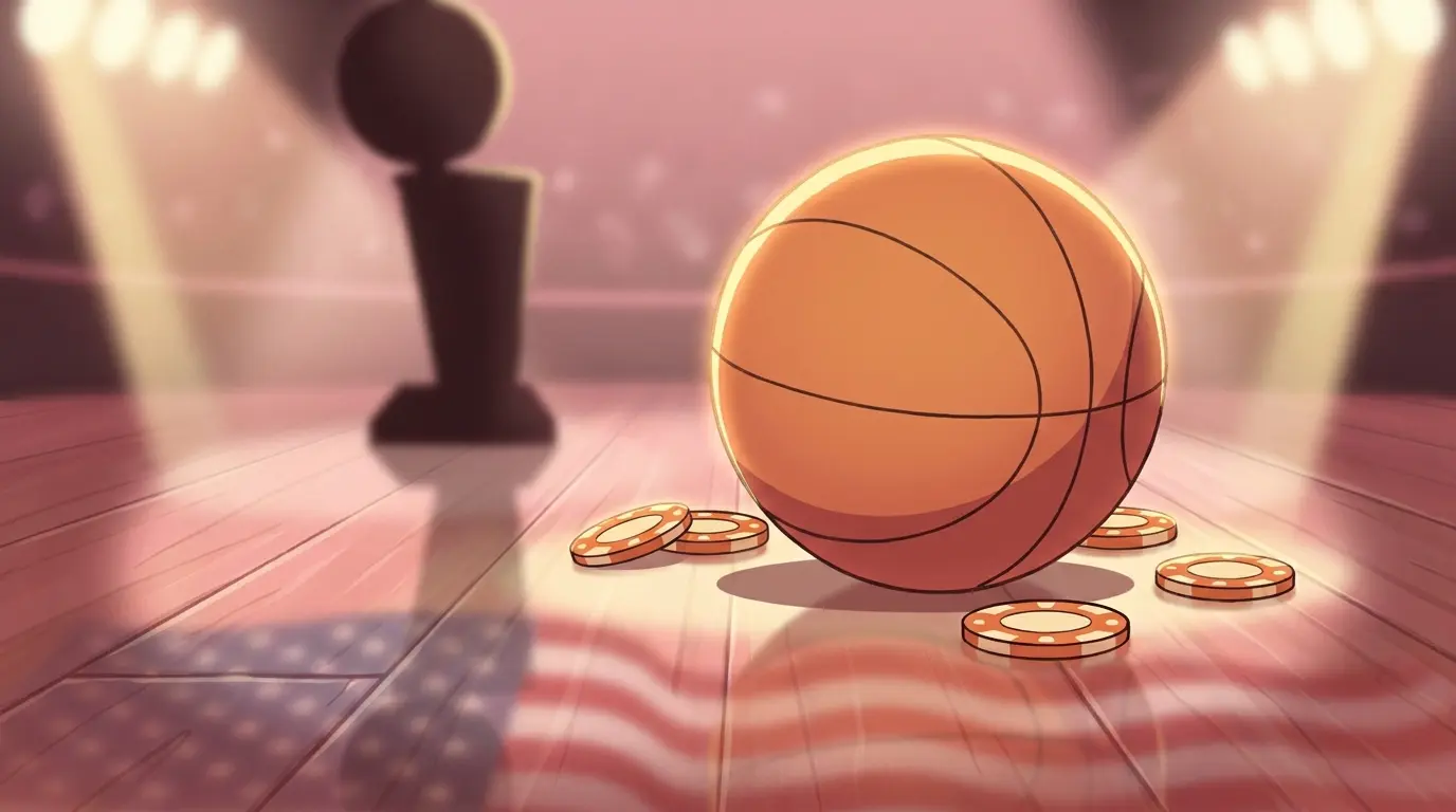 Basketball with poker chips on court floor under dramatic lighting