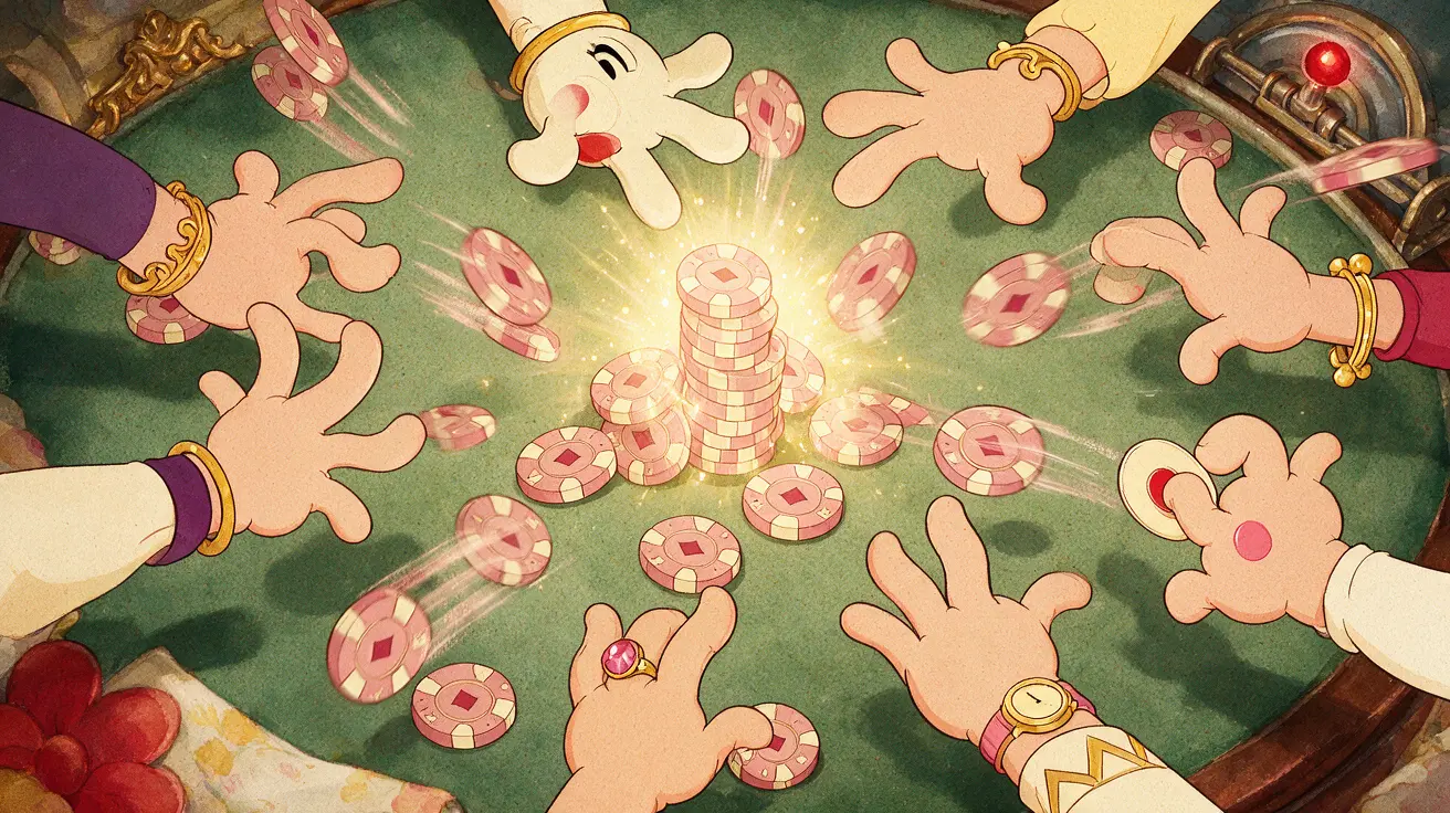 Hands reaching for moving casino chips on betting table