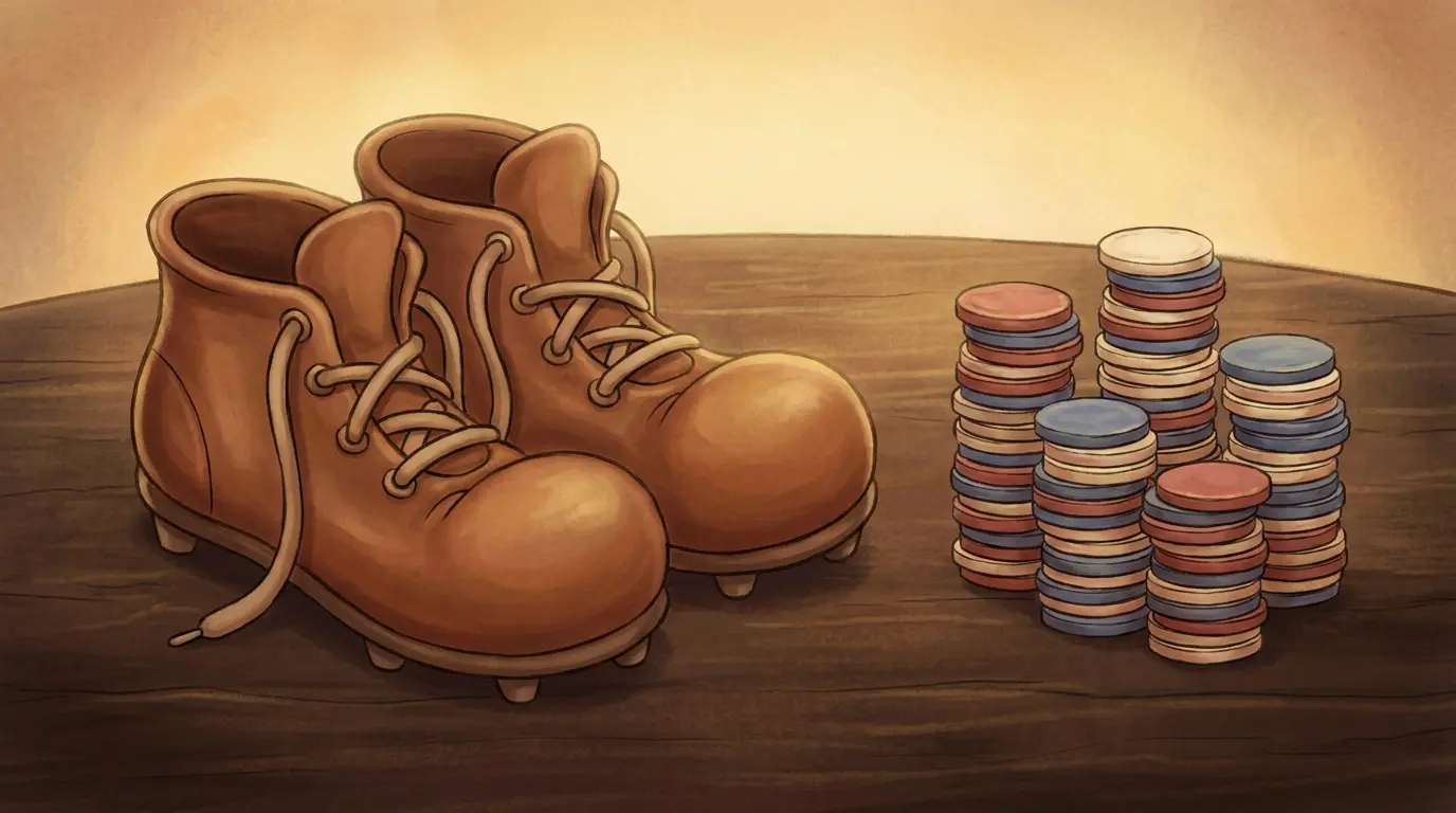 Football boots and casino chips arranged on wooden table from above