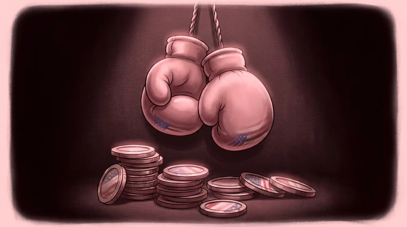 Boxing gloves with poker chips and coins in patriotic lighting