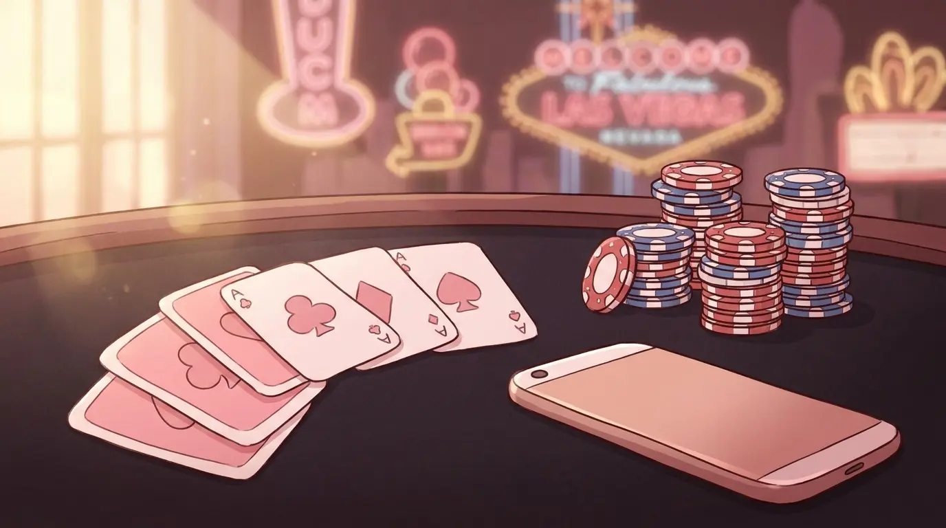 Casino cards and colorful chips with phone on gaming table