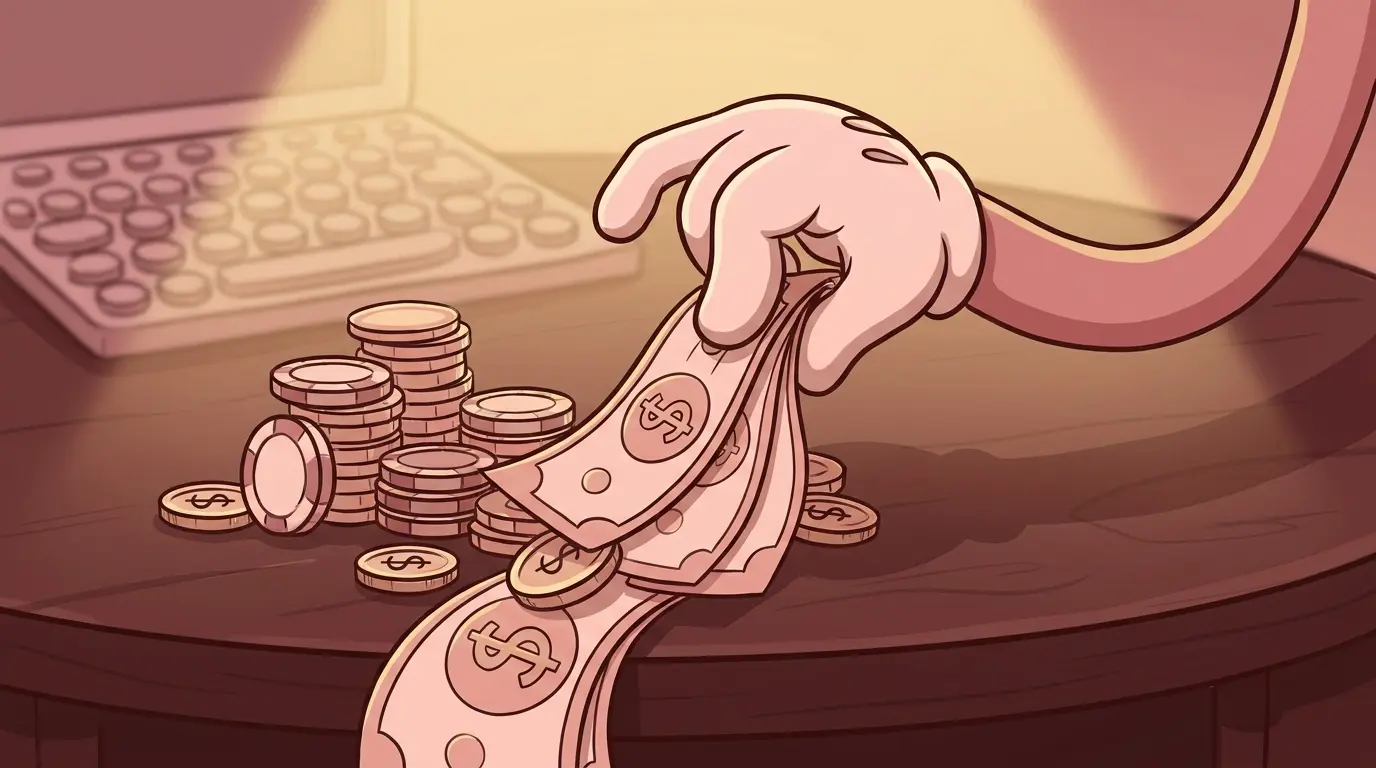 Hand withdrawing cash from casino chips on table