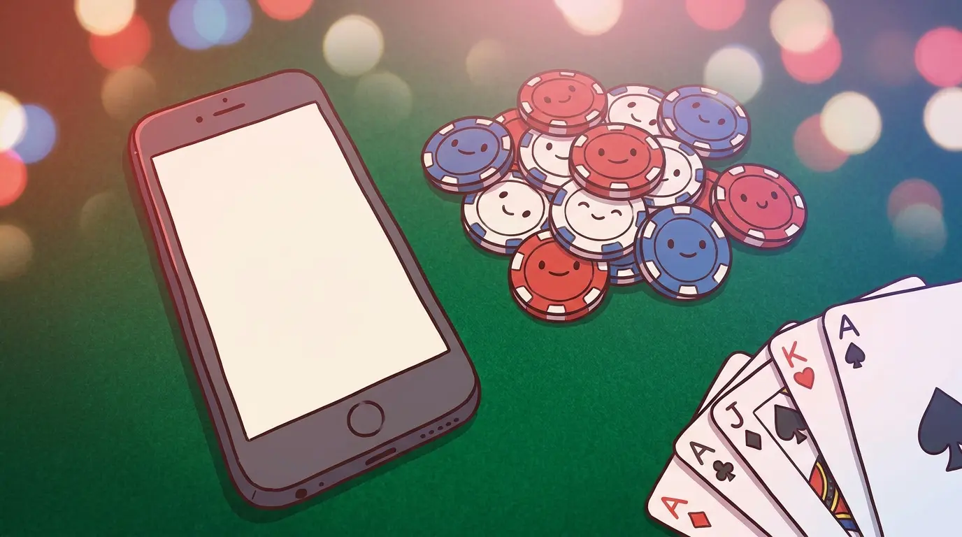Phone surrounded by casino chips and cards on green felt table