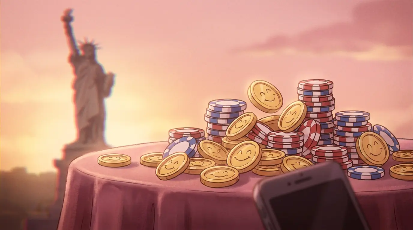 Casino chips and coins with American landmark silhouette backdrop