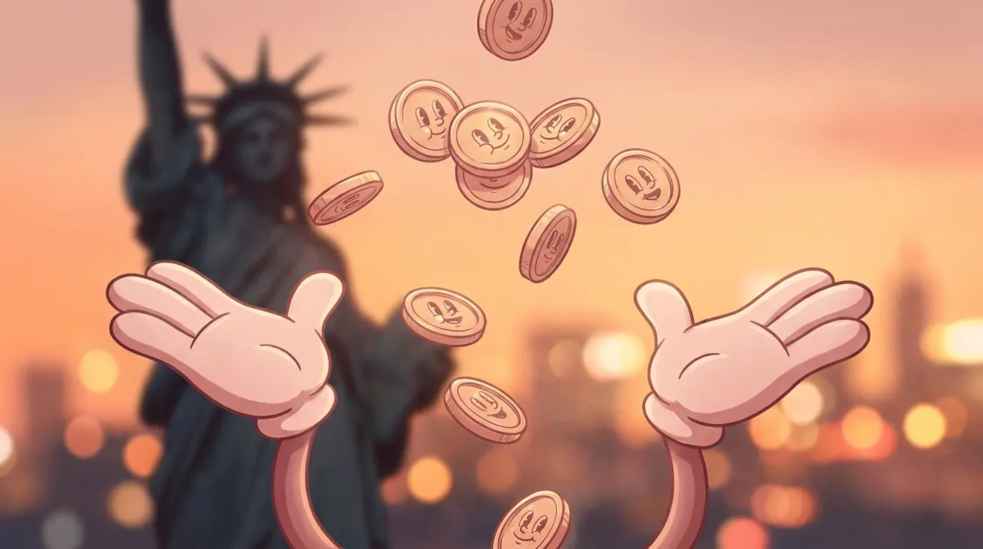 Coins falling into hands with Statue of Liberty in background
