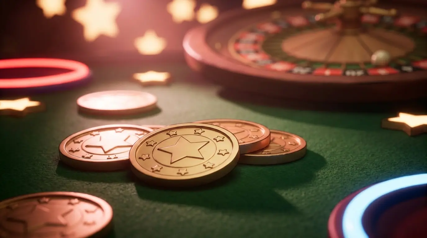 Cryptocurrency coins on betting table with roulette wheel background