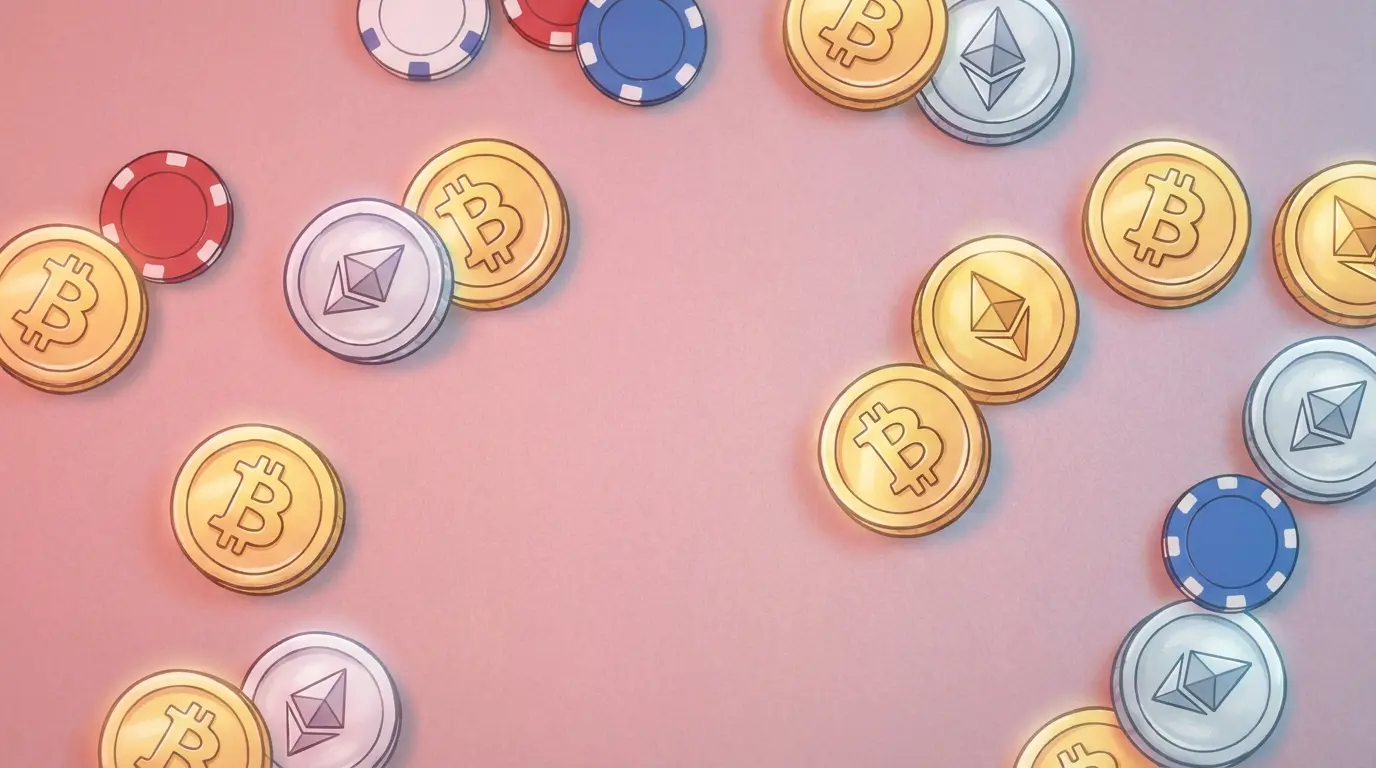Crypto coins and minimal poker chips on casino felt from above