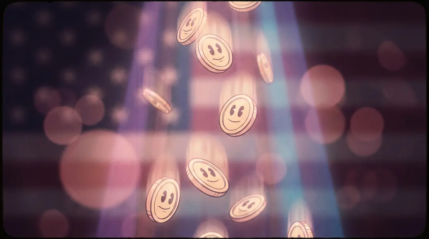 Golden coins falling through purple light with American themed background