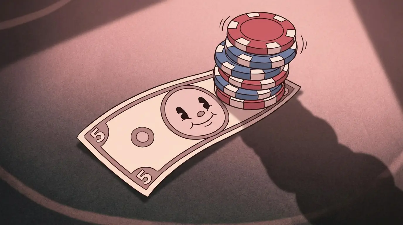 Five dollar bill with patriotic colored casino chips closeup