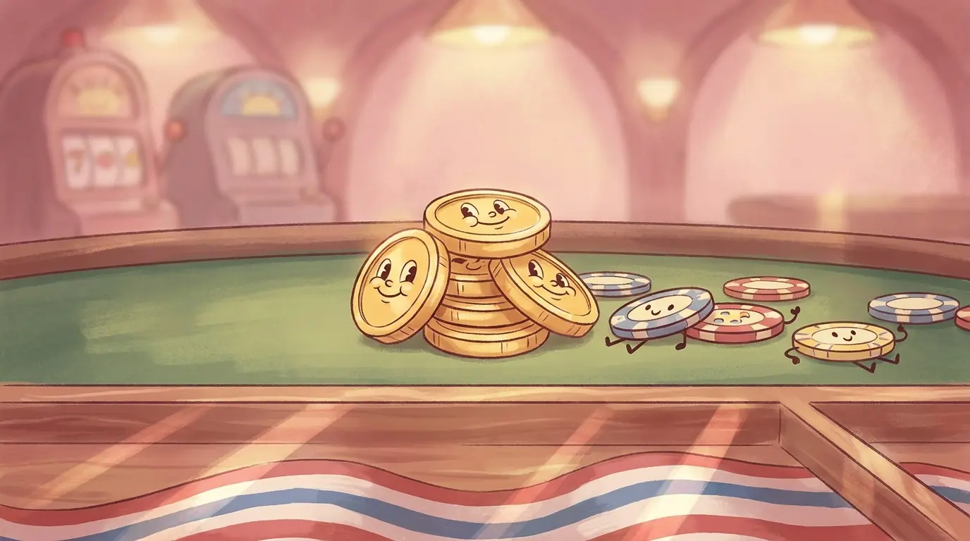 Five dollar coins stacked with poker chips on casino table