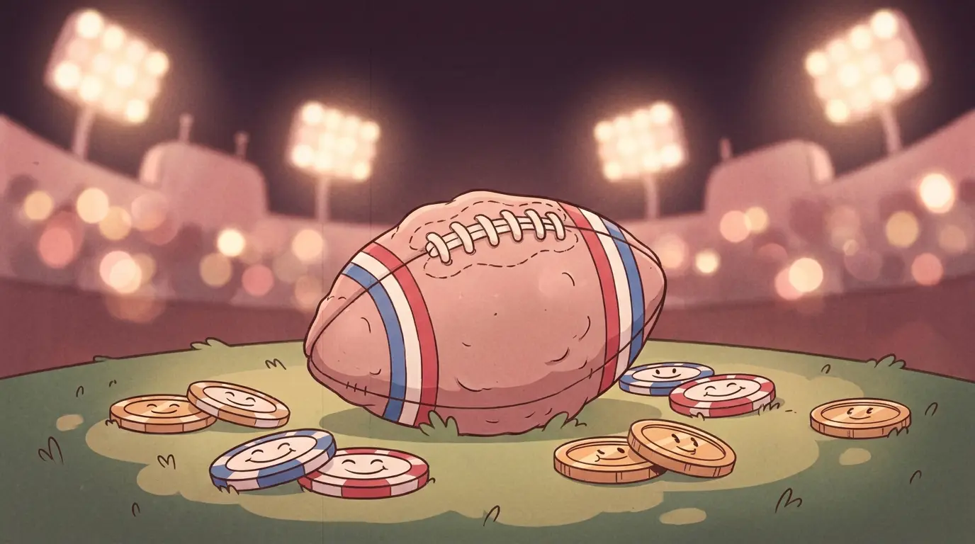 Football with betting chips on field under stadium lights