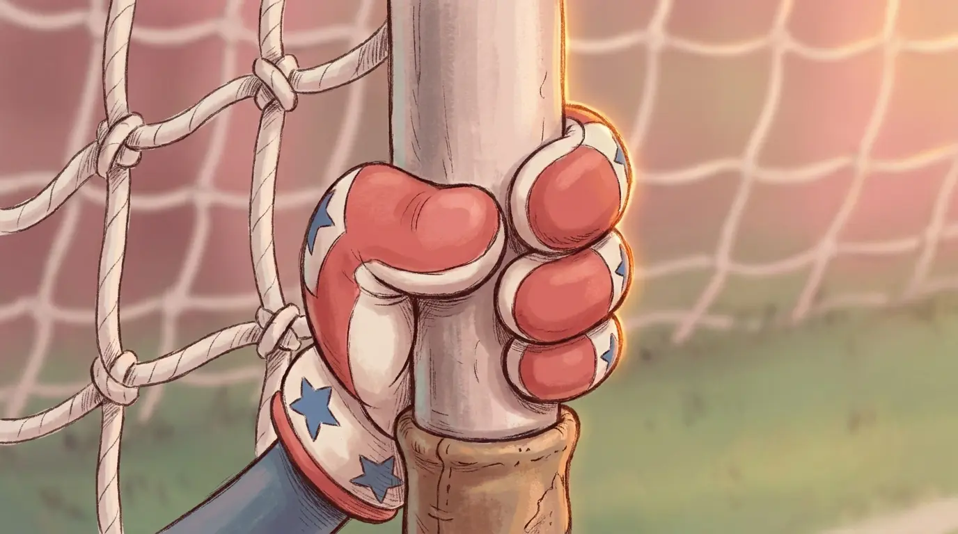 Goalkeeper gloves on goalpost with net and patriotic colors
