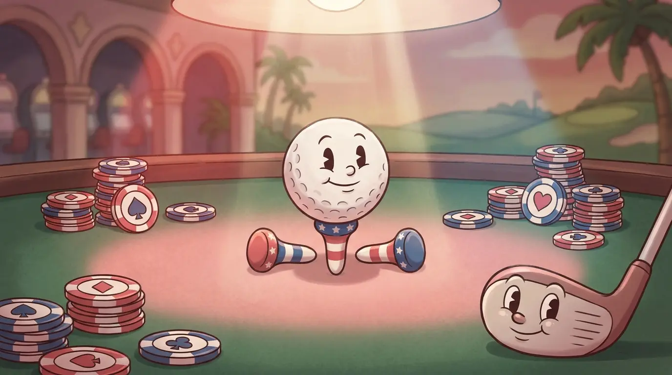 Golf ball with poker chips on green felt in patriotic colors