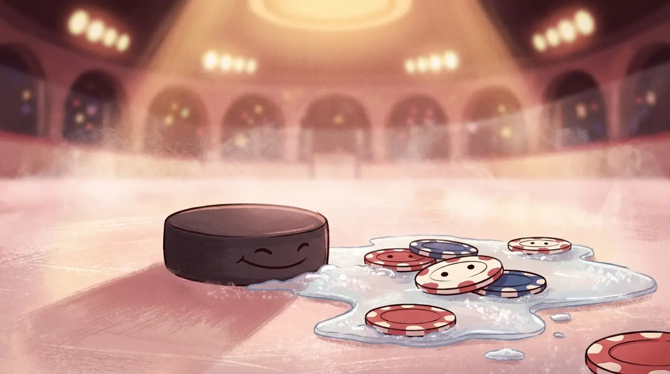 Hockey puck on ice with patriotic poker chips in arena setting