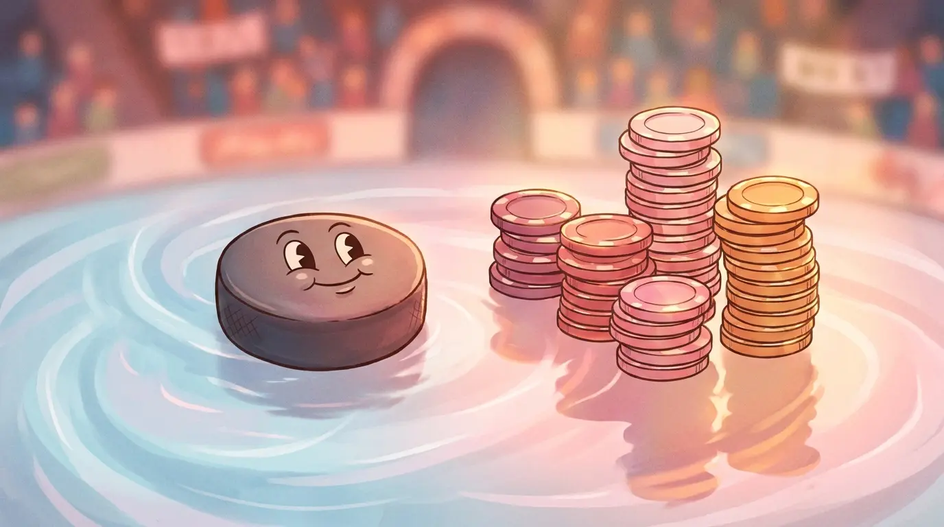 Hockey puck and poker chips on ice with dramatic lighting