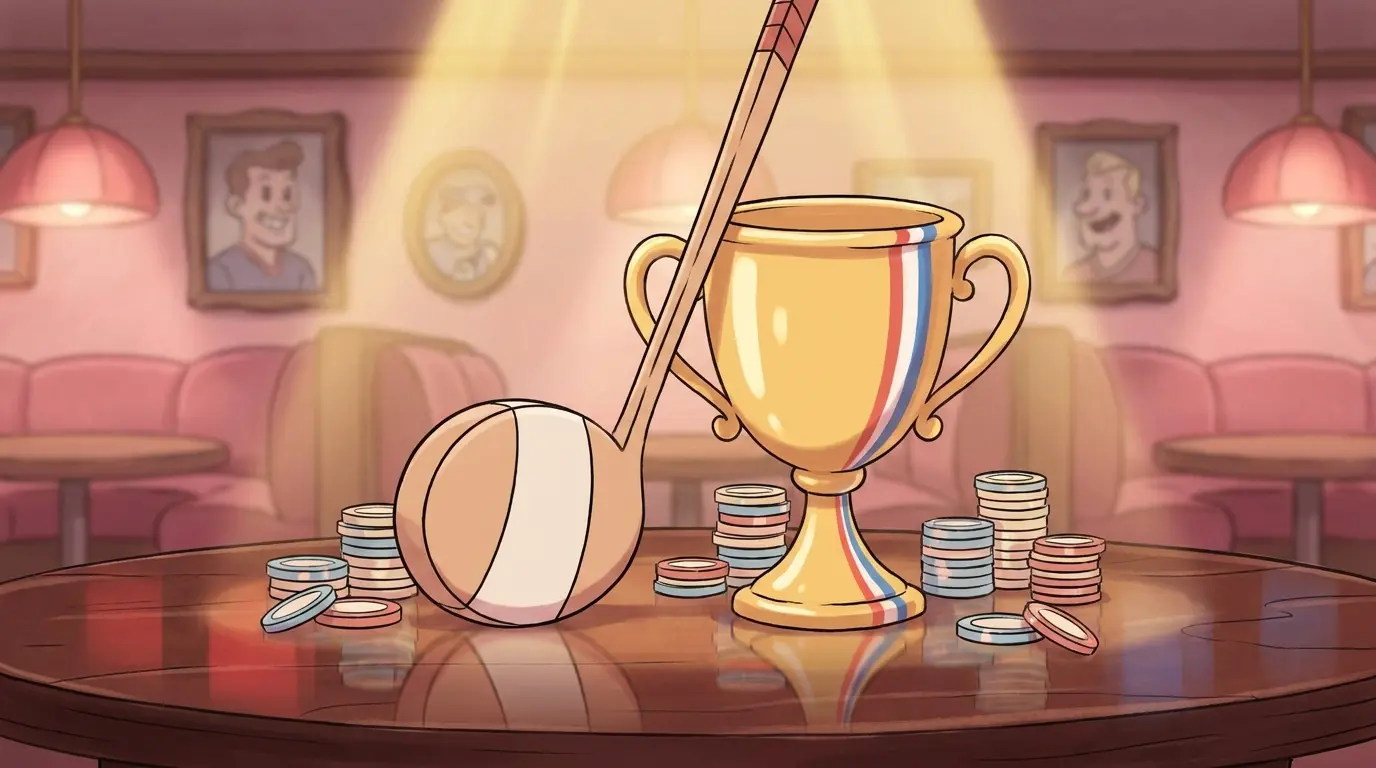 Hockey stick and trophy with betting chips on elegant table