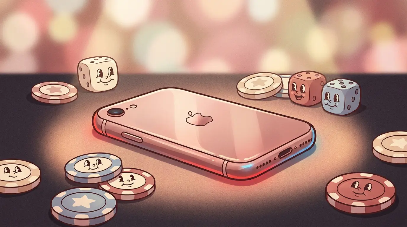 iPhone surrounded by casino chips and dice on elegant felt surface