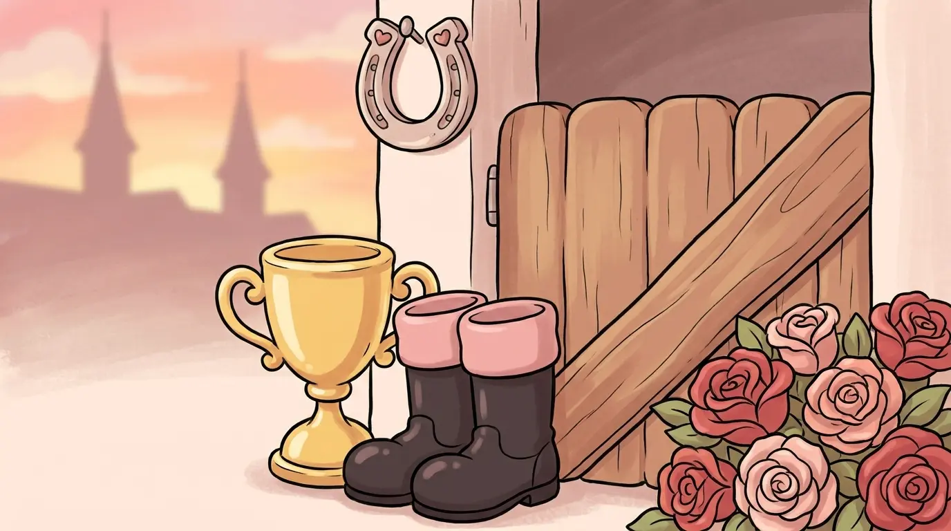 Jockey boots, roses, and trophy in Kentucky Derby stable setting