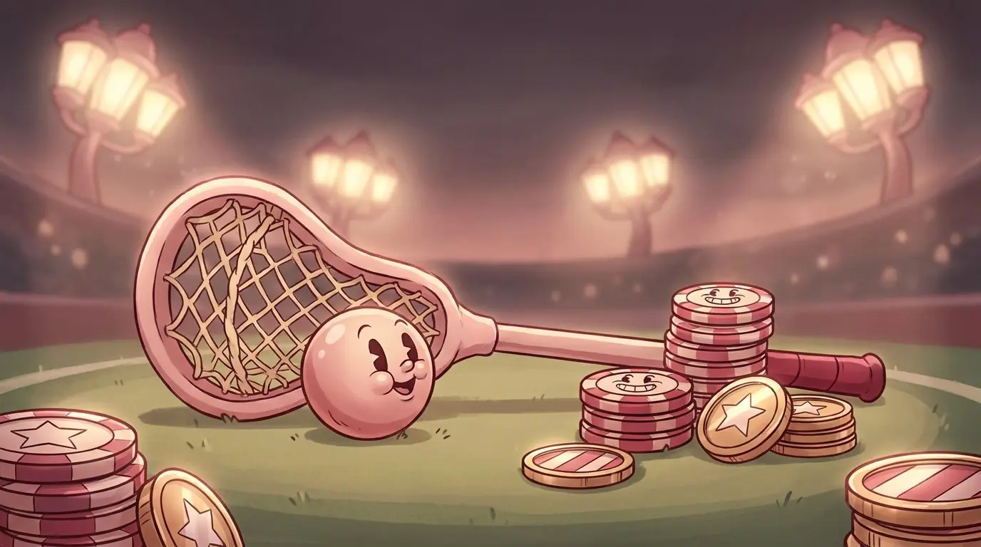 Lacrosse equipment with betting chips on field under stadium lights