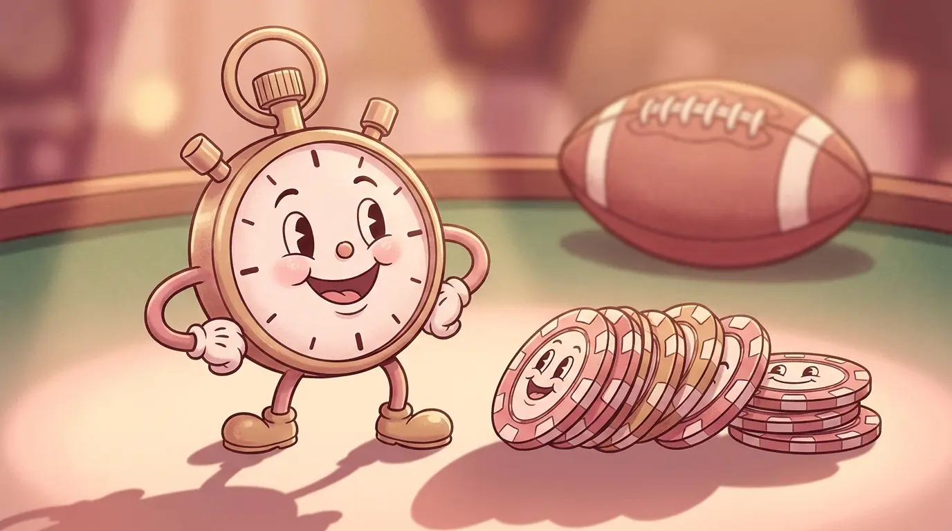 Stopwatch and casino chips with football suggesting live betting timing