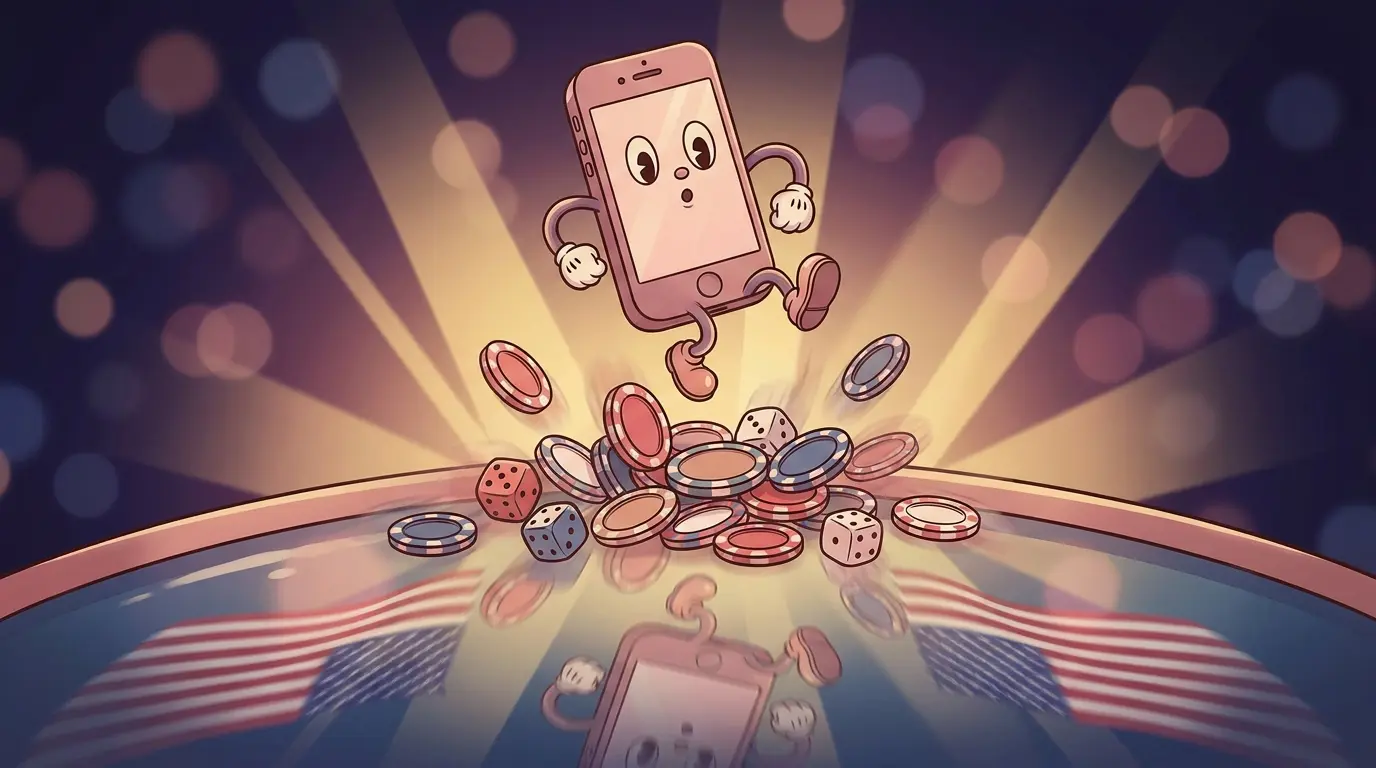 Smartphone hovering over casino chips with patriotic lighting