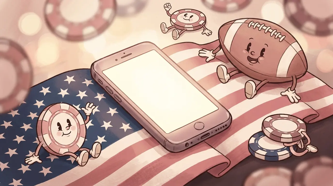 Smartphone with betting symbols on American flag background
