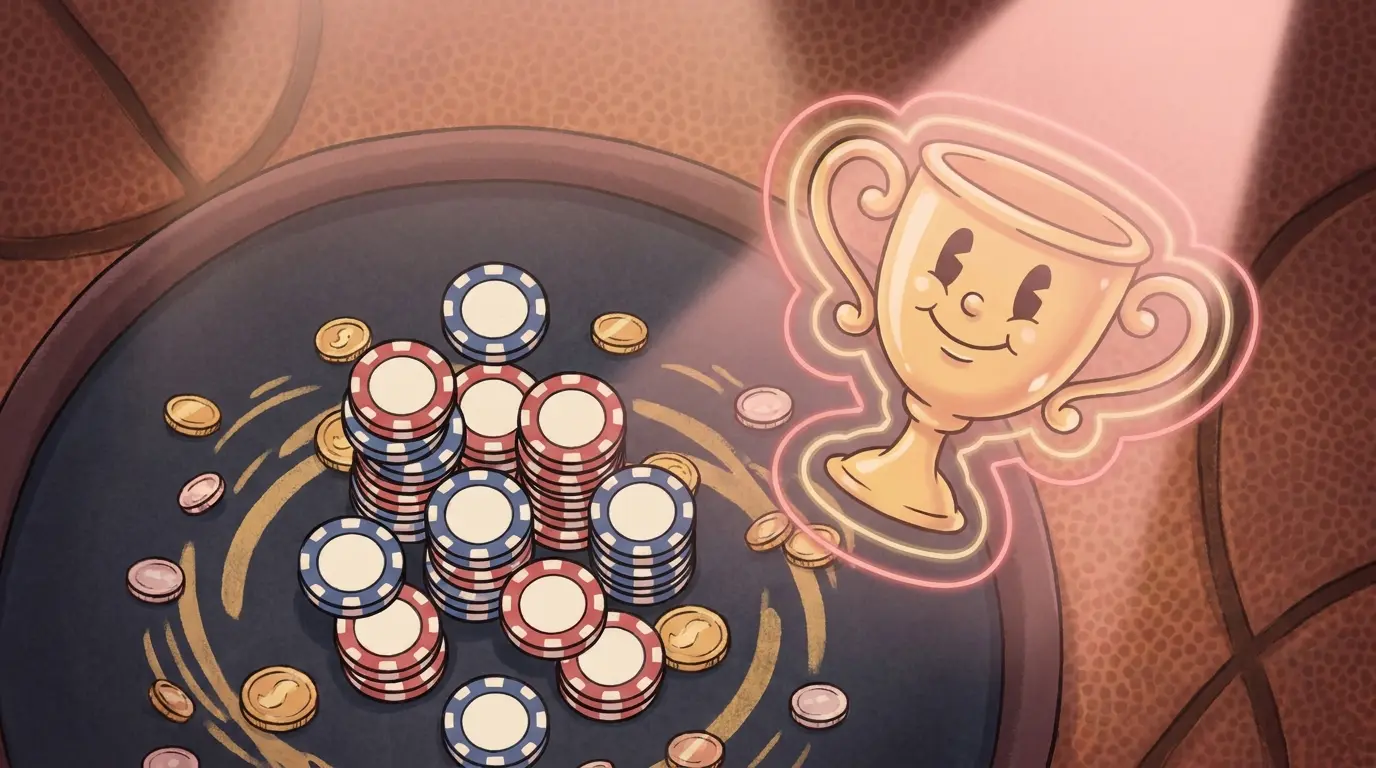 Casino chips and basketball with trophy under neon lighting