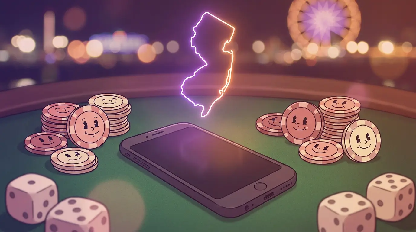 Smartphone on casino table with poker chips and New Jersey backdrop