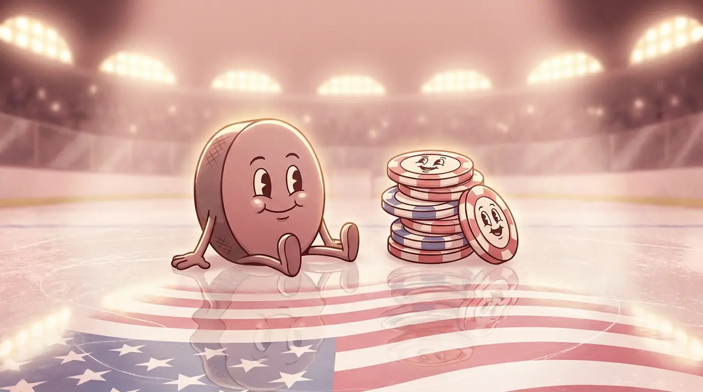 Hockey puck with poker chips on ice in patriotic American colors