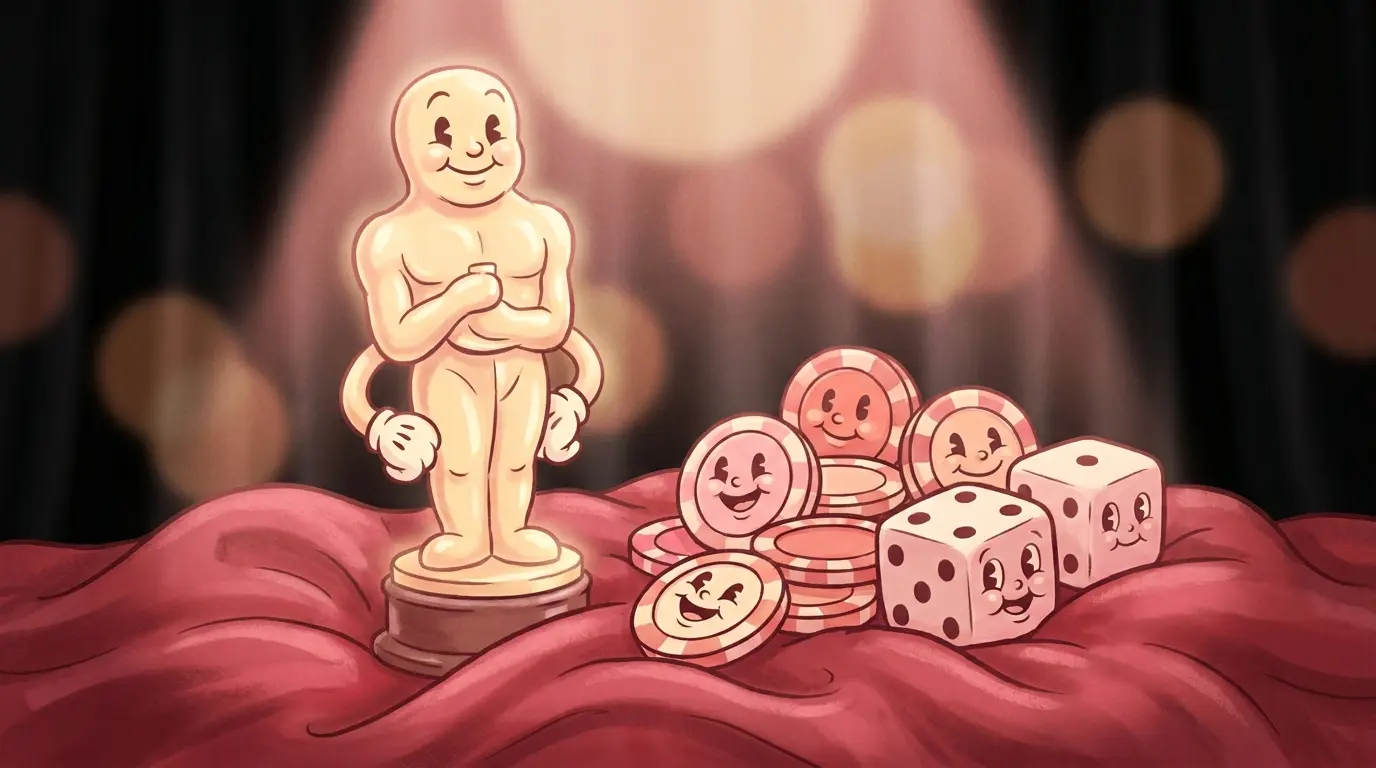 Oscar statue with casino chips on elegant red velvet surface