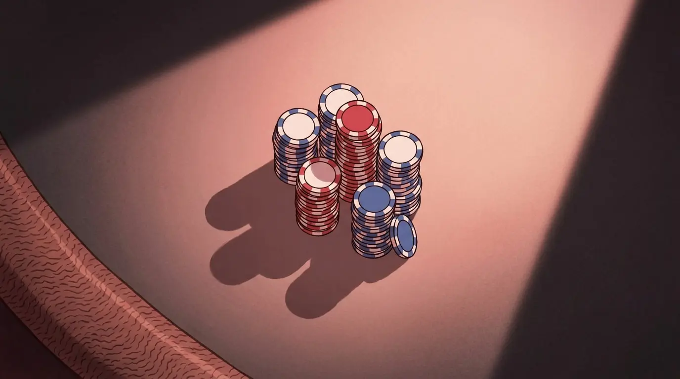 Casino chips and football on dark surface from above