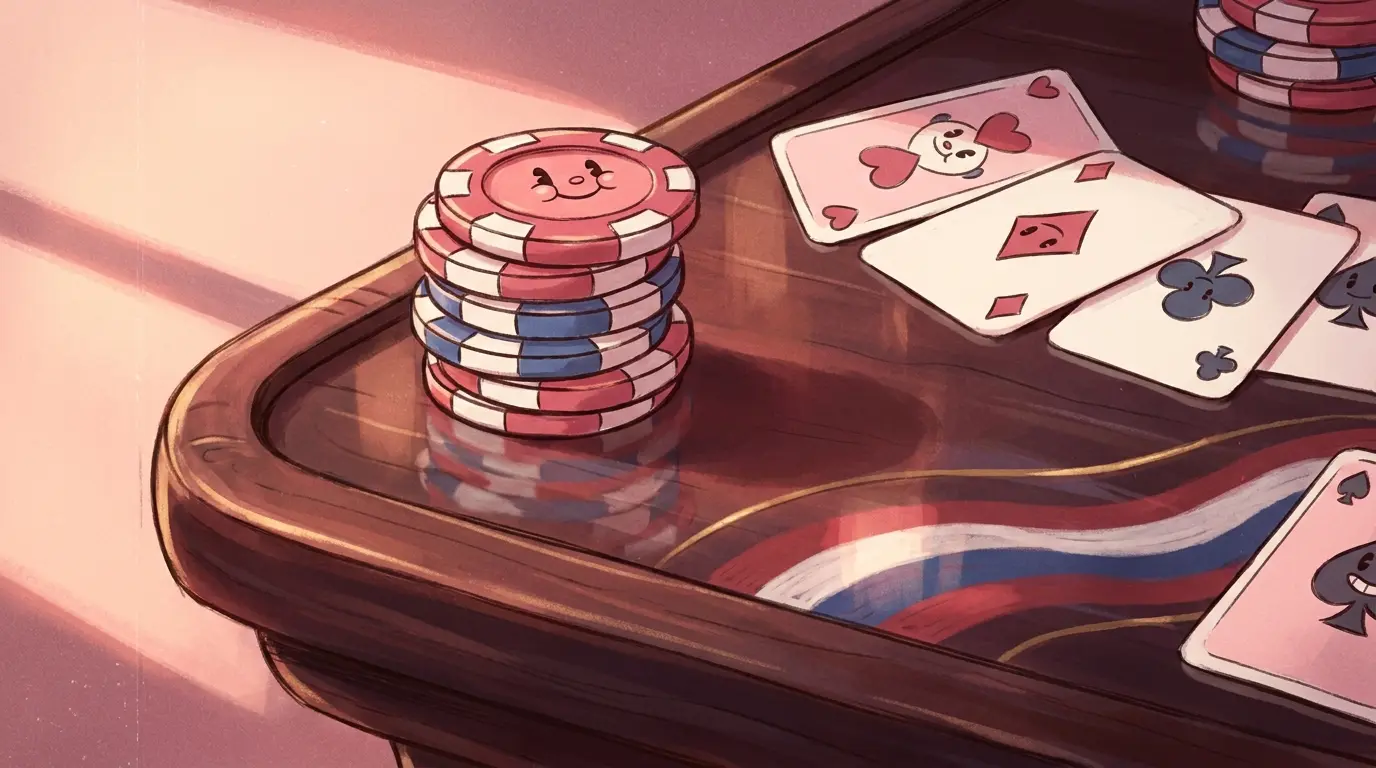 Red white and blue casino chips stacked beside playing cards