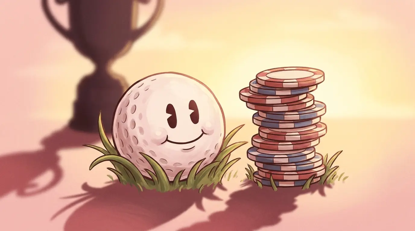Golf ball and betting chips with championship trophy in background