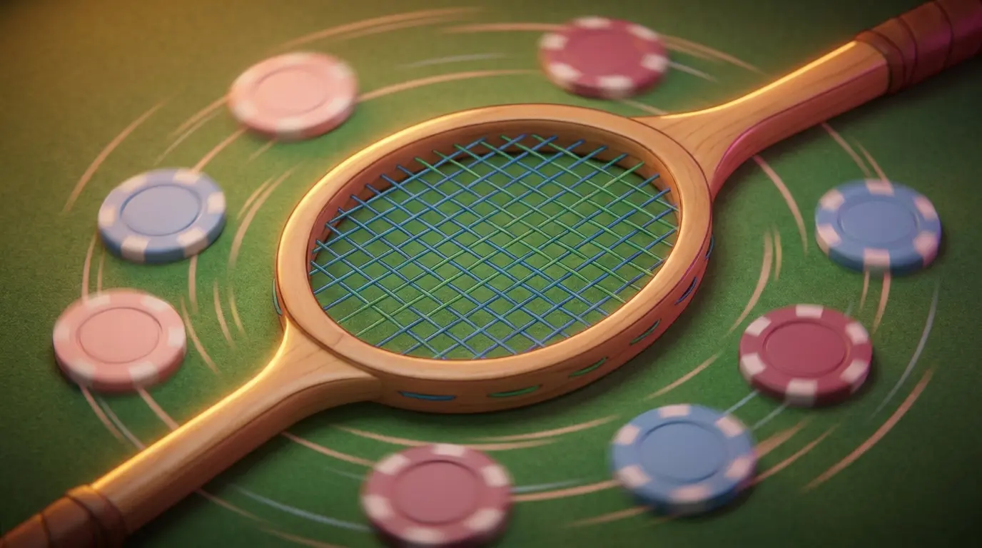 Tennis racket on felt table surrounded by poker chips in blue tones