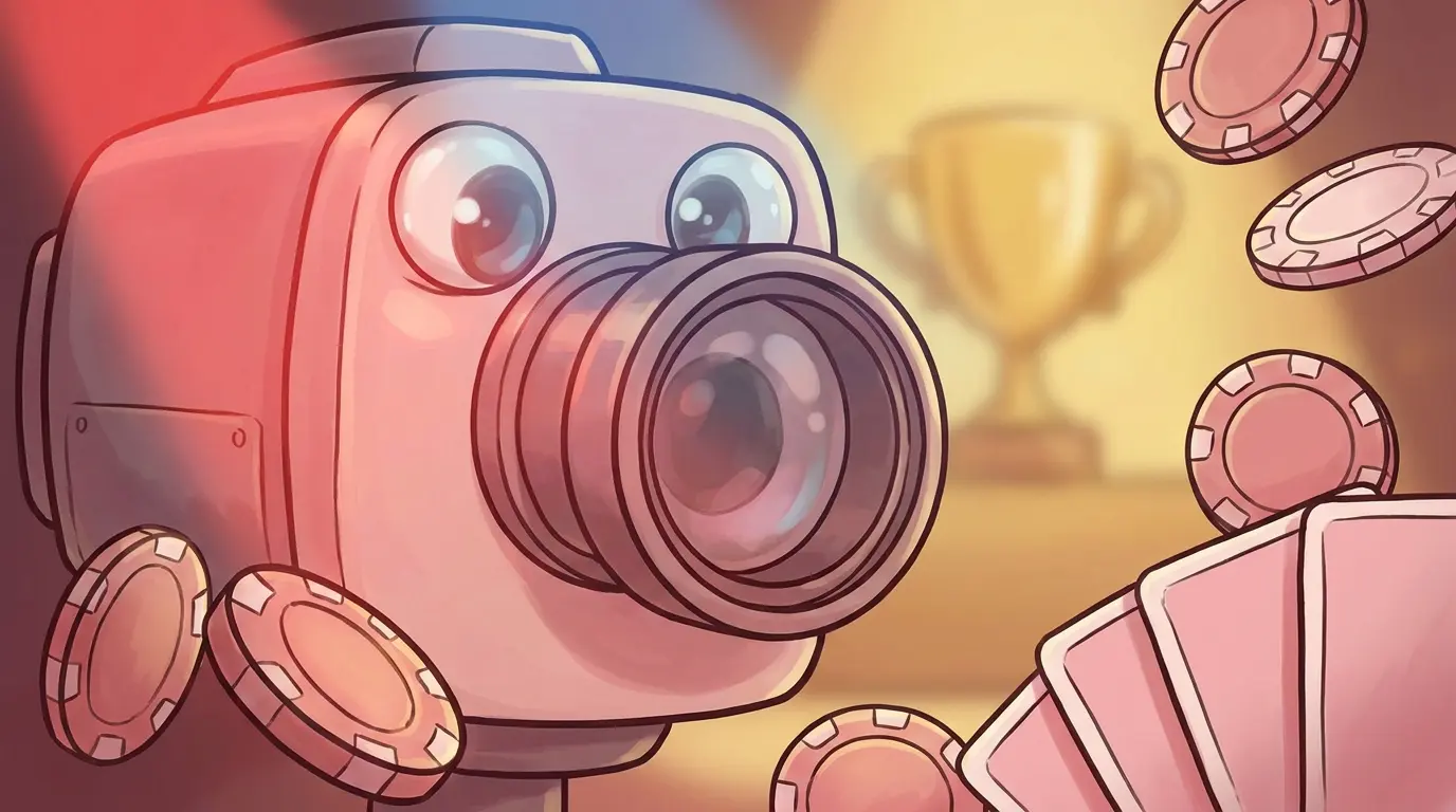 TV camera surrounded by casino gaming elements and trophy