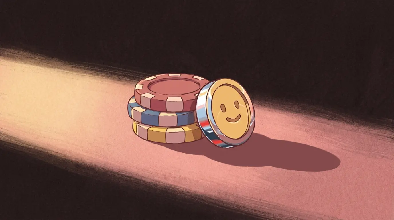 Small stack of casino chips with single coin on dark felt table
