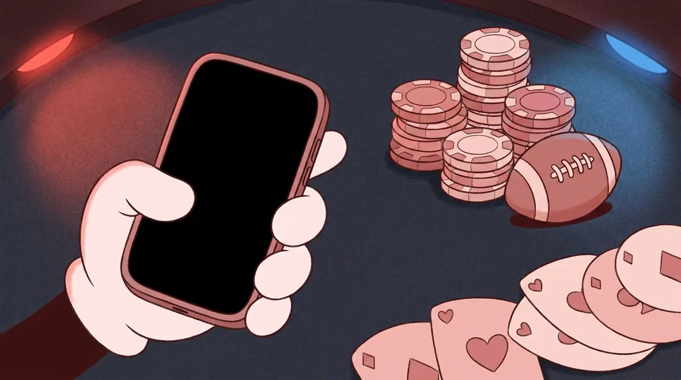 Hand holding phone with sports and casino betting elements