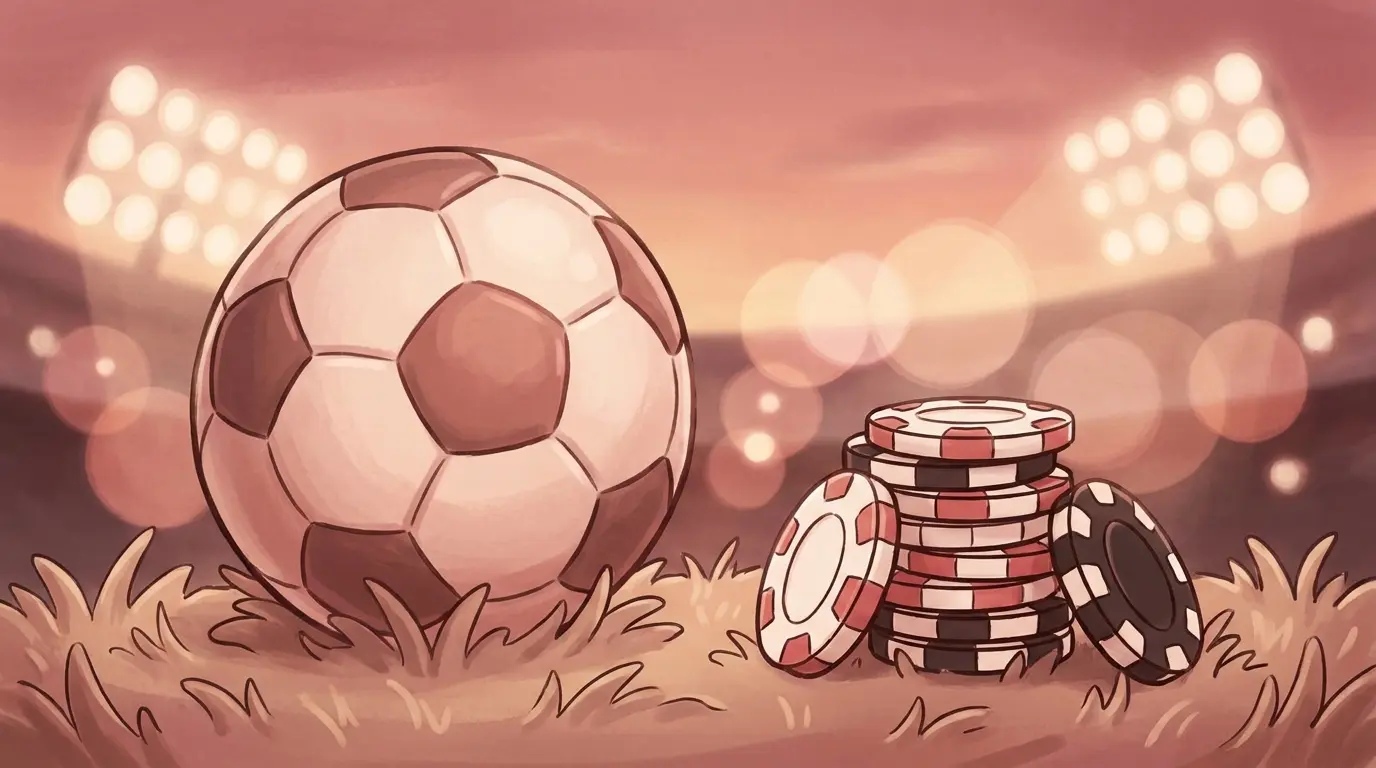 Soccer ball and betting chips on grass with stadium lights behind