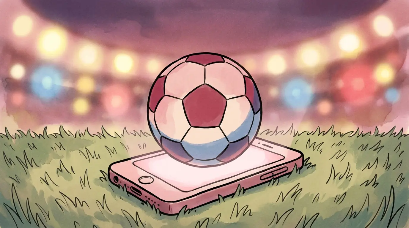 Soccer ball and phone on grass with stadium lights background