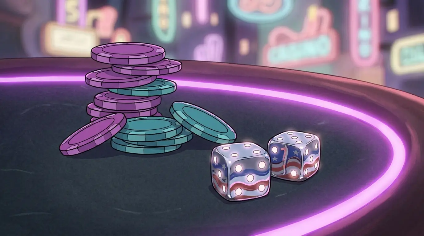 Casino chips and dice with purple neon lighting and patriotic accents