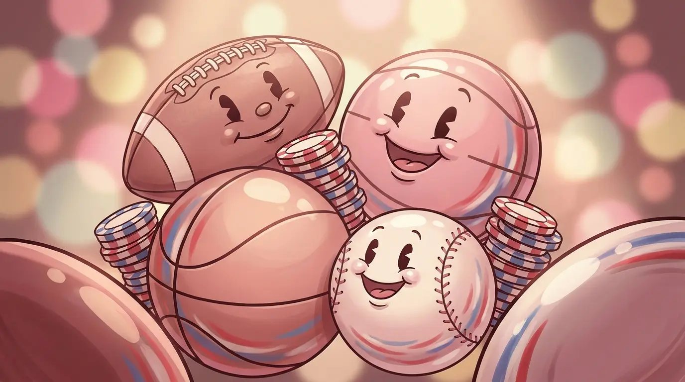 Sports balls and casino chips in patriotic red, white, and blue lighting