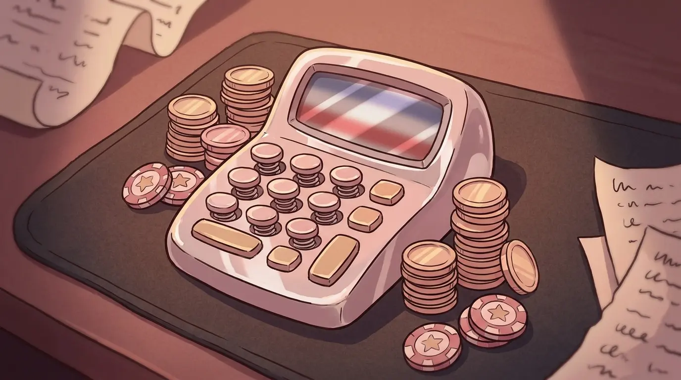 Calculator with coins and casino chips in patriotic lighting