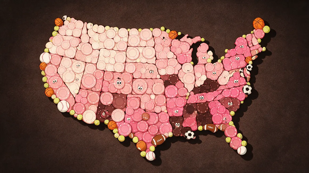 Map of USA made with casino chips and sports balls on felt