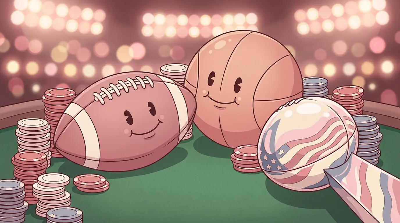 Sports balls and betting chips in American colors on felt surface